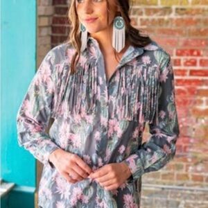 L&B FLORAL CACTUS BUTTON DOWN FRINGE SHIRT Size SMALL NWT